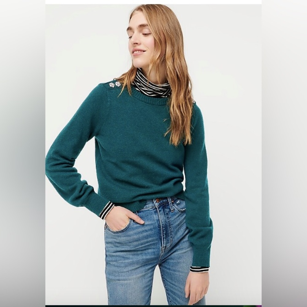 NWT J. Crew Lambswool Crewneck Sweater with Jeweled Buttons in Old Forest Green.